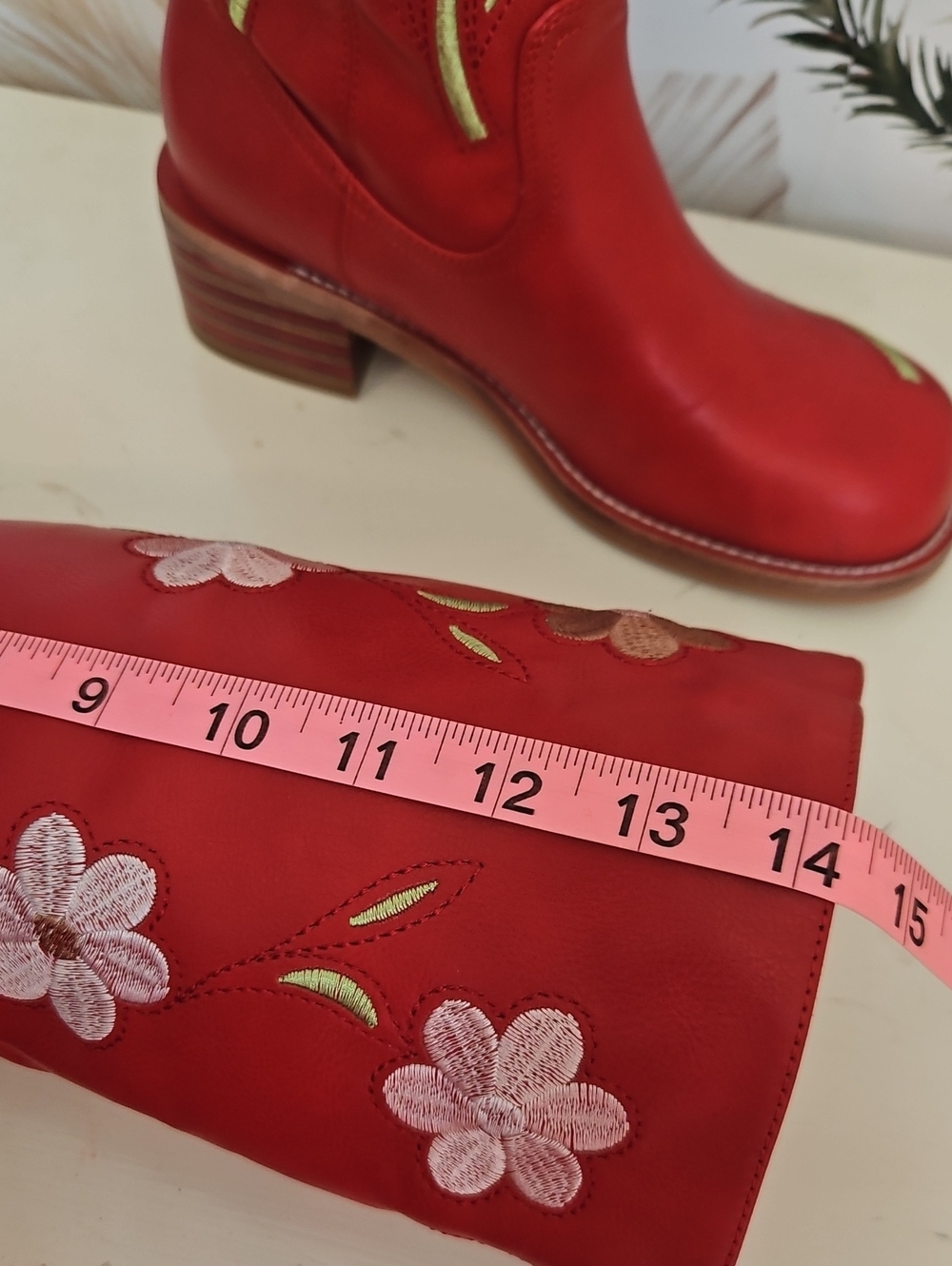 Tomato Red Floral Embroidered Campus Style Boots, Faux Leather, 8, NWOB - Picture 9 of 11